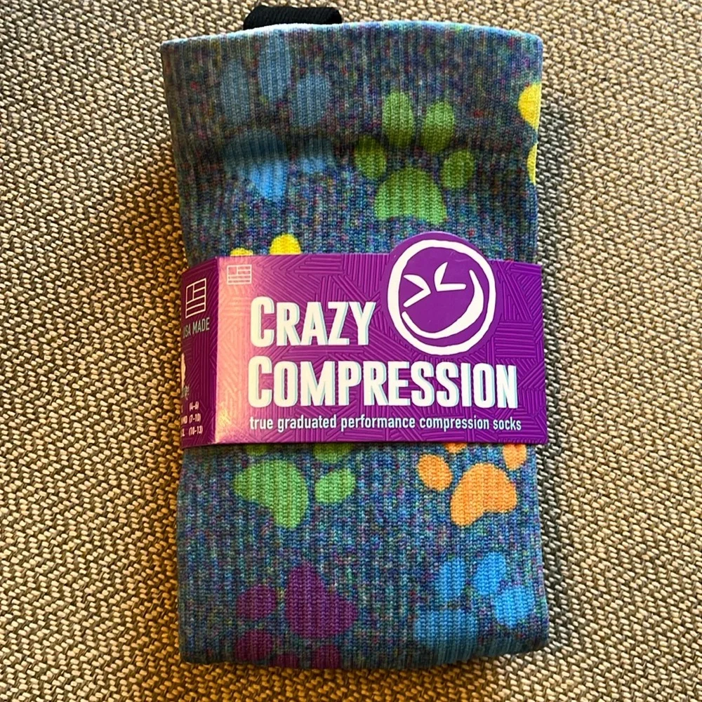 Crazy compression socks blue yellow paw print size S/M 7-10 NEW made in USA